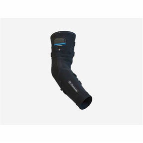 Adjustable black orthopedic elbow brace with secure straps on a plain background