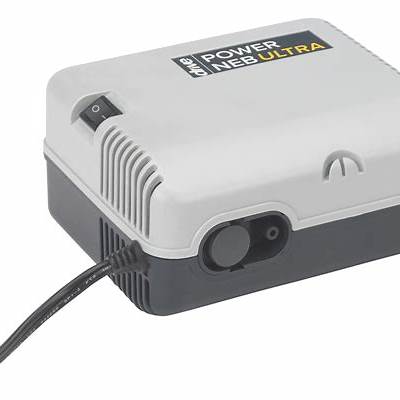 Compact tabletop medical nebulizer machine with labeled Power Neb Ultra cover