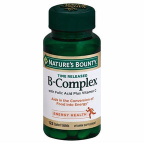 Nature's Bounty B-Complex vitamin supplement bottle with 125 coated tablets, energy health