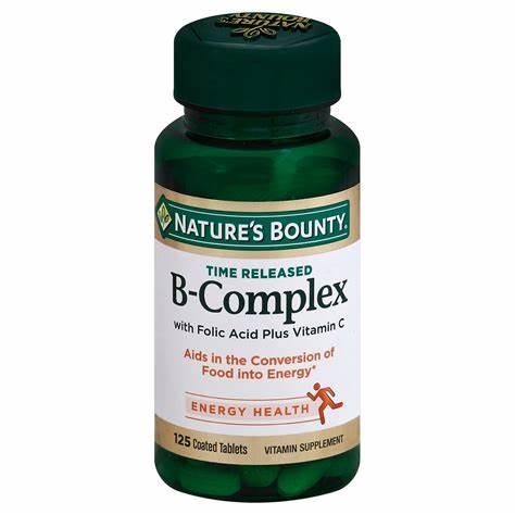 Nature's Bounty B-Complex vitamin supplement bottle with 125 coated tablets, energy health