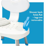 White medical shower chair with blue handle, foldable back, and removable legs for home care.