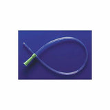 Sterile medical catheter tube with green connector on blue background for home healthcare