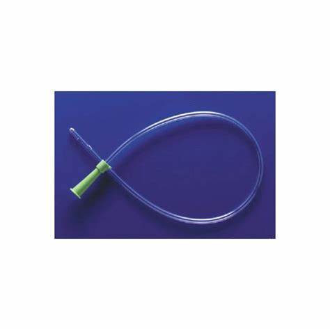 Sterile medical catheter tube with green connector on blue background for home healthcare