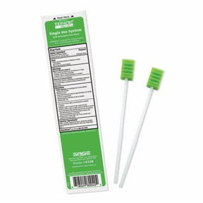 Single use oral care swabs with green foam heads and individually sealed packaging