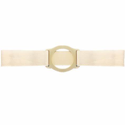 Beige adjustable medical ostomy belt with central plastic ring for secure pouch support