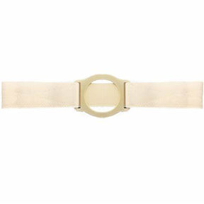 Beige adjustable medical ostomy belt with central plastic ring for secure pouch support