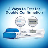 Two Clearblue pregnancy tests showing positive results, with text highlighting double confirmation methods.