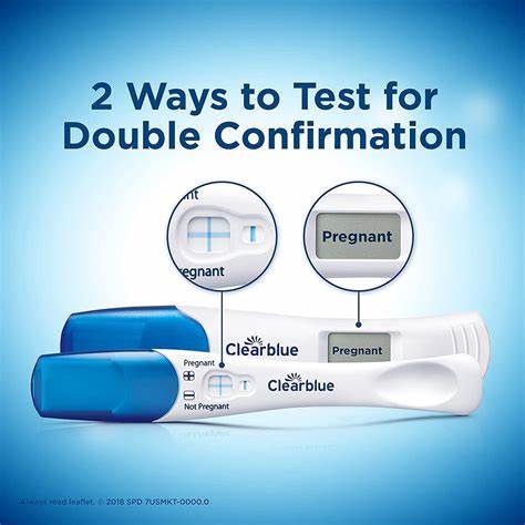 Two Clearblue pregnancy tests showing positive results, with text highlighting double confirmation methods.
