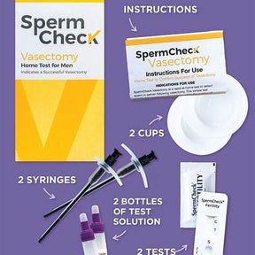 SpermCheck Vasectomy home test kit for men, including instructions, cups, syringes, solution bottles, and test devices.