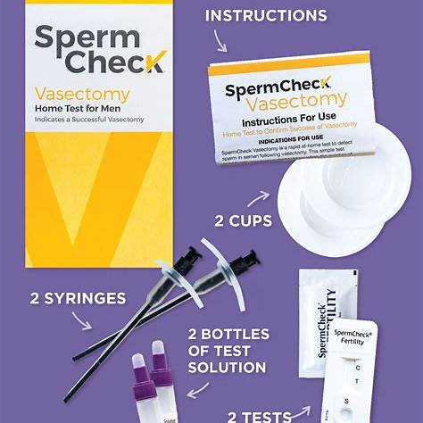 SpermCheck Vasectomy home test kit for men, including instructions, cups, syringes, solution bottles, and test devices.
