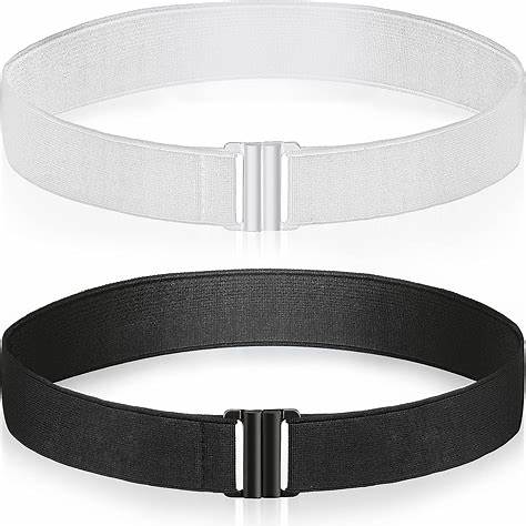 Adjustable black and white medical elastic belts with secure buckle closures on white background