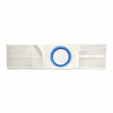 Ostomy support belt with blue circular opening for medical stoma care