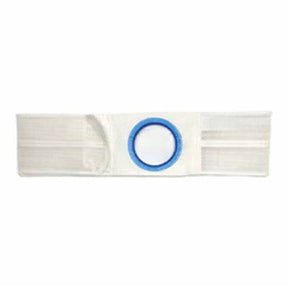 Ostomy support belt with blue circular opening for medical stoma care