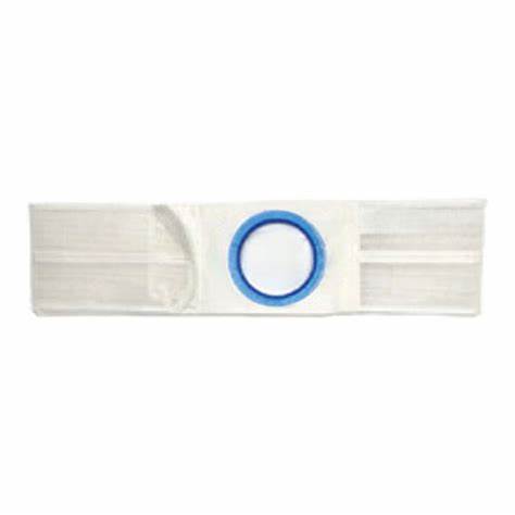 Ostomy support belt with blue circular opening for medical stoma care