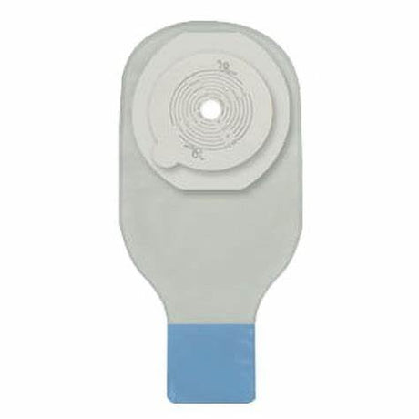 Ostomy pouch with adhesive barrier and blue tab for medical supply home delivery