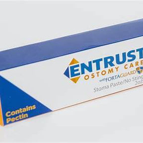 Entrust Ostomy Care stoma paste box with blue and yellow packaging, labeled contains pectin.