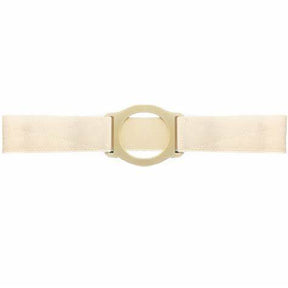 Beige ostomy belt with elastic straps and circular plastic ring, medical accessory
