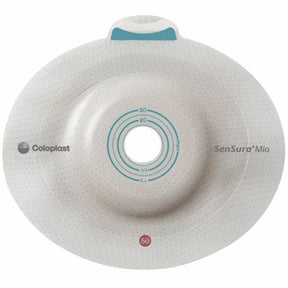 Circular medical ostomy barrier with central stoma opening and measuring guides, labeled SenSura Mio.