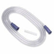 Clear medical tubing with blue connectors for home medical supply use on white background