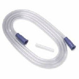 Clear medical tubing with blue connectors for home medical supply use on white background