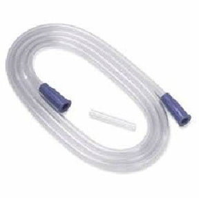 Clear medical tubing with blue connectors for home medical supply use on white background