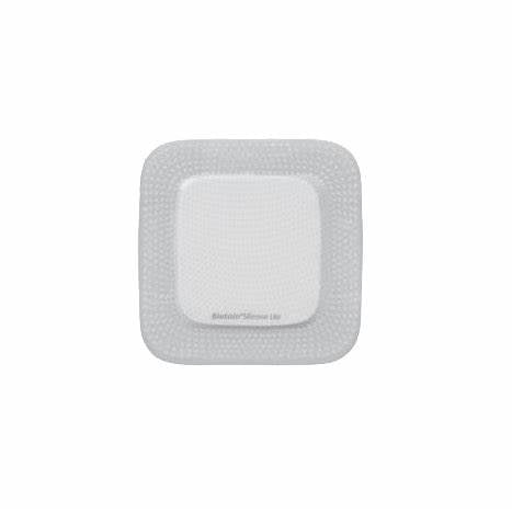 Square sterile adhesive wound dressing with white border on plain background