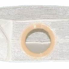 White ostomy belt with circular opening for stoma support and secure medical supply fit