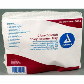 Dynarex closed circuit Foley catheter tray with drainage bag in sterile white packaging