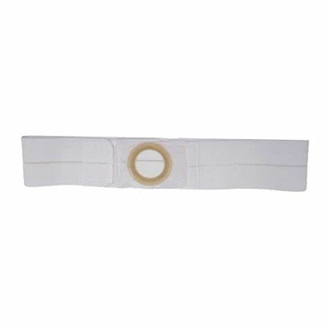 White medical abdominal ostomy belt with central circular opening for stoma support