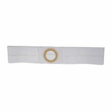 White medical abdominal ostomy belt with central circular opening for stoma support
