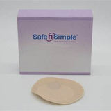Ostomy barrier and purple Safe n Simple medical supply box on white background