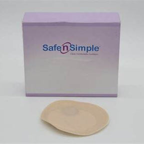 Ostomy barrier and purple Safe n Simple medical supply box on white background