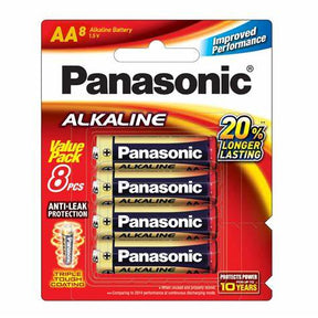 Panasonic AA alkaline battery 8-pack with improved performance and long-lasting power.