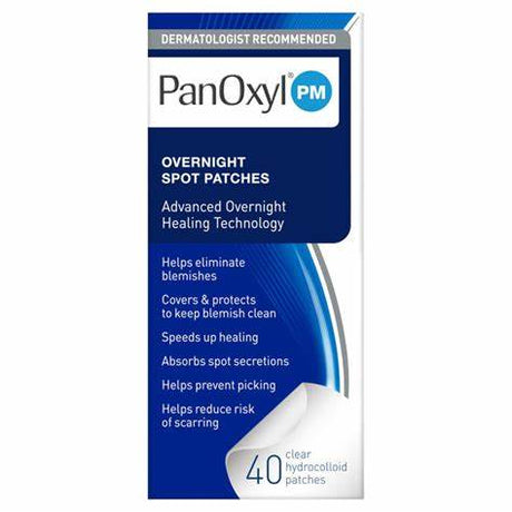PanOxyl PM overnight spot patches box with features for blemish treatment and healing.