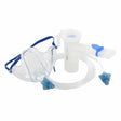 Clear nebulizer mask kit with tubing, mouthpiece, and blue connectors for respiratory therapy