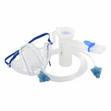 Clear nebulizer mask kit with tubing, mouthpiece, and blue connectors for respiratory therapy