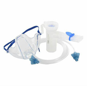 Clear nebulizer mask kit with tubing, mouthpiece, and blue connectors for respiratory therapy