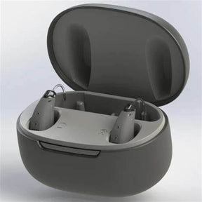 Rechargeable hearing aids in a black charging case, home medical device