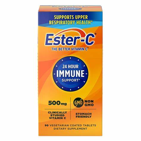 Ester-C 500mg vitamin C supplement box for immune and respiratory health, 90 tablets.