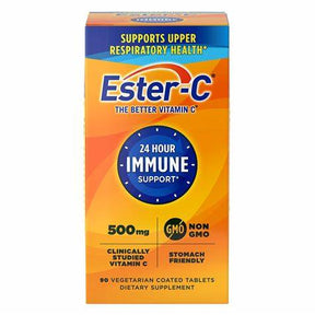 Ester-C 500mg vitamin C supplement box for immune and respiratory health, 90 tablets.