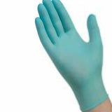 Blue disposable nitrile medical glove on raised hand, essential for healthcare hygiene