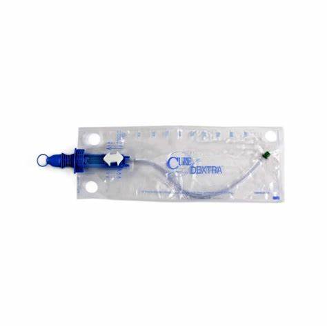 Sterile medical catheter kit in clear packaging with blue and white tube connector