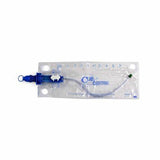 Sterile medical catheter kit in clear packaging with blue and white tube connector