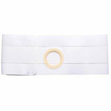 White ostomy belt with adjustable elastic band and circular stoma opening, medical supply