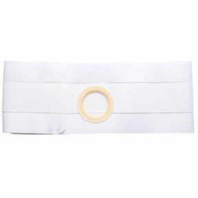 White ostomy belt with adjustable elastic band and circular stoma opening, medical supply