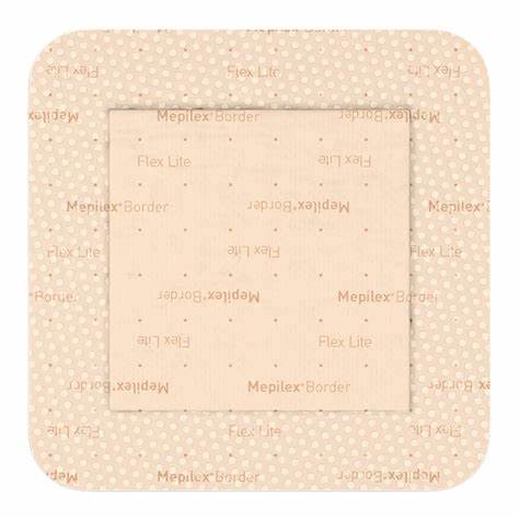 Square beige medical wound dressing with adhesive border and printed label text.