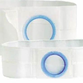 White medical ostomy belts with blue plastic ring for stoma support