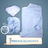 Hospital personal belongings bag with blue non-slip socks, patient gown, and hair cover for medical care.