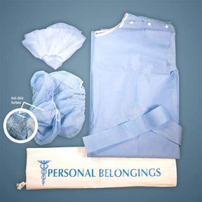 Hospital personal belongings bag with blue non-slip socks, patient gown, and hair cover for medical care.