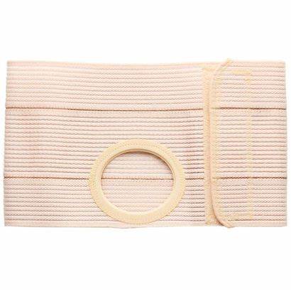 Beige abdominal support belt with circular stoma opening for ostomy care